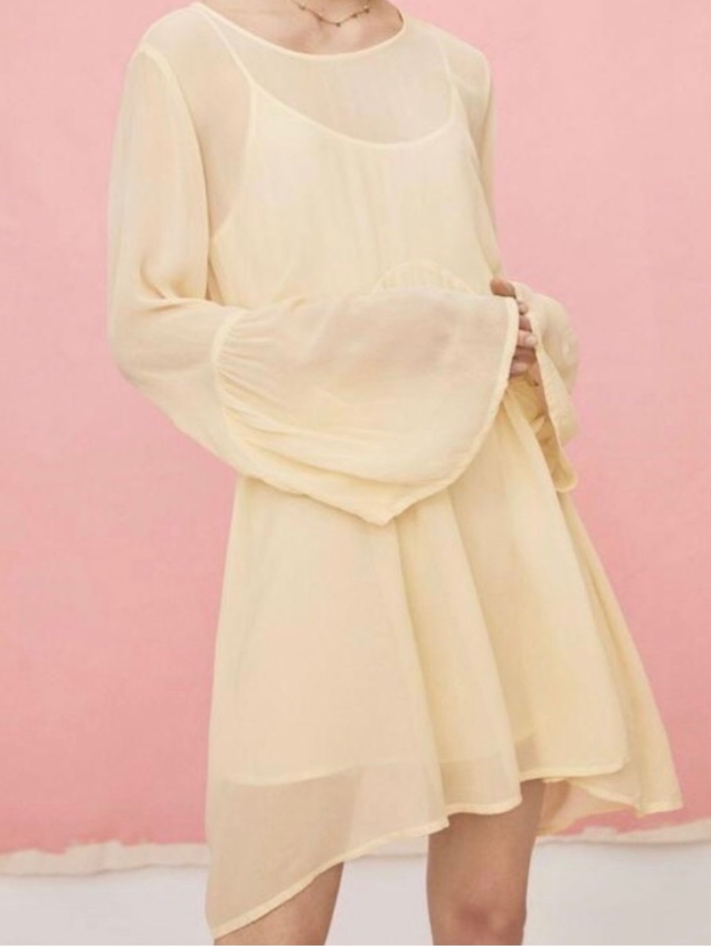Anthropologie LACAUSA Butter Yellow Sheer Bell Sleeve Babydoll Mini Dress NWT - Picture 1 of 10